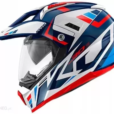 Capacete de moto integral azul, branco e vermelho com viseira transparente