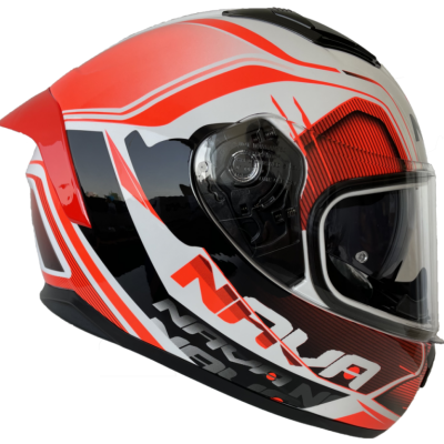 Capacete integral vermelho, branco e preto com viseira transparente