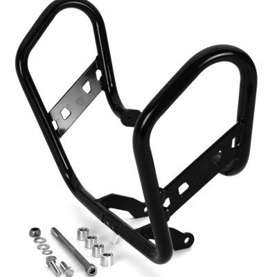 Suporte metálico preto com parafusos e espaçadores