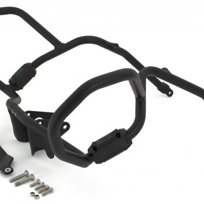 Estrutura metálica preta para mota com tubos e parafusos