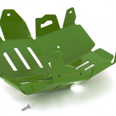 Protector metálico verde com parafuso numa superfície branca