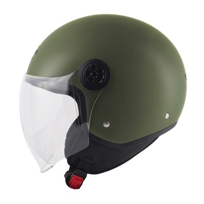 Capacete de motociclista verde com viseira transparente