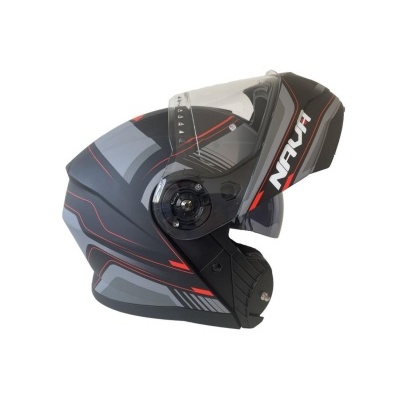 Capacete de motociclista modular preto com detalhes cinzentos e vermelhos