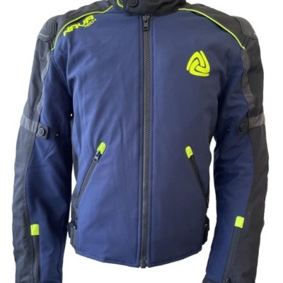 Casaco de moto azul escuro com detalhes amarelo neón e preto