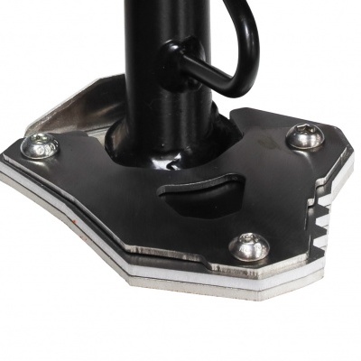 Base metálica preta com suporte cilíndrico e parafusos