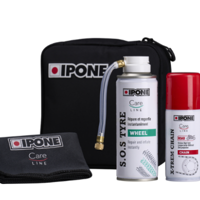 Produtos IPONE para manutenção de veículos, incluindo sacola preta, pano, sprays branco e vermelho