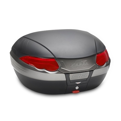 Mala rígida preta com detalhes em cinza e vermelho