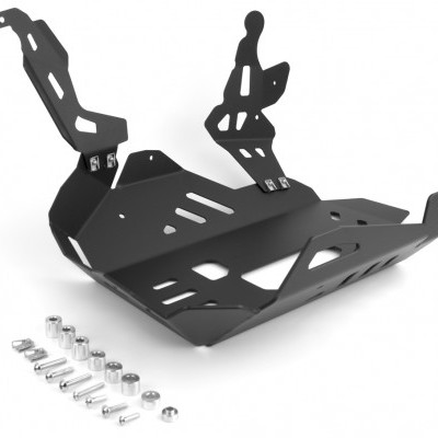 Proteção de motor para moto em metal preto com parafusos