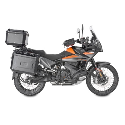 Motocicleta KTM Adventure preta e laranja com malas rígidas pretas