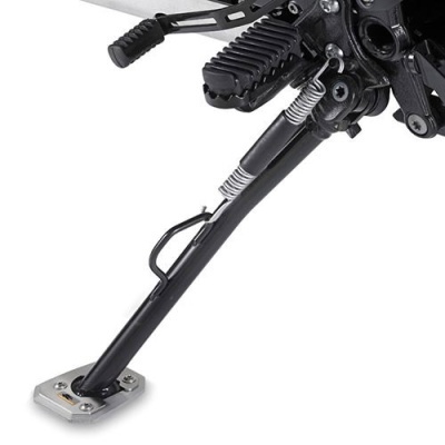 Cavalete lateral preto em metal com base prateada de motocicleta