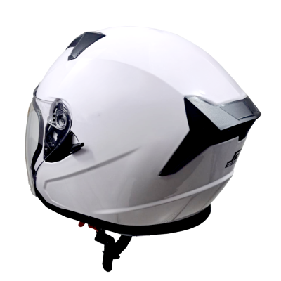 Capacete integral branco com detalhes pretos e viseira transparente