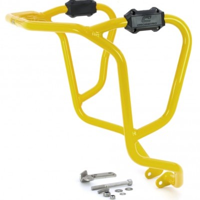 Suporte amarelo de metal com fixações pretas e parafusos em fundo branco