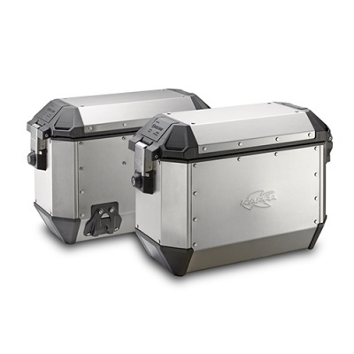 Duas malas laterais para mota em alumínio prateado e cantos pretos