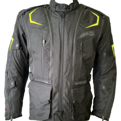 Casaco de motard preto com detalhes amarelo fluorescente