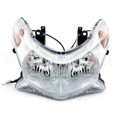 Farol frontal para moto com plástico transparente e detalhes laranja e preto