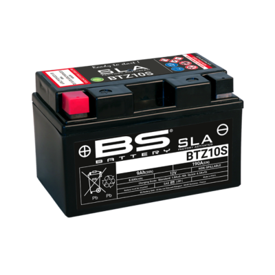 Bateria preta BS Battery BTZ10S com terminais e etiquetas