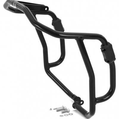 Estrutura metálica preta com parafusos e anilhas em fundo branco