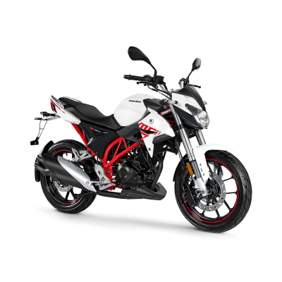 Moto desportiva branca com estrutura vermelha e detalhes vermelhos e pretos