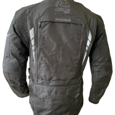 Casaco de motociclista preto com logos e detalhes cinza