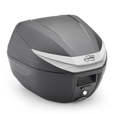 Top case de moto cinzento escuro com detalhes cinza claro e logo KAPPA