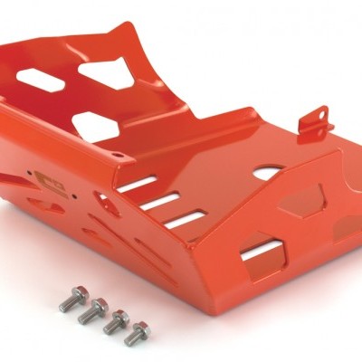 Protetor metálico laranja com parafusos sobre fundo branco