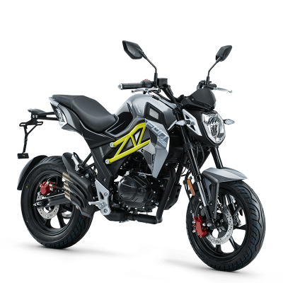 Motocicleta preta e cinza com detalhes amarelos em fundo branco