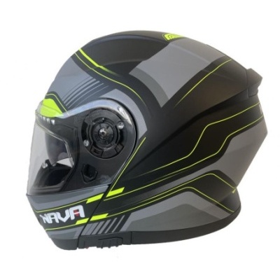 Capacete integral cinza e preto com detalhes amarelos e visor transparente