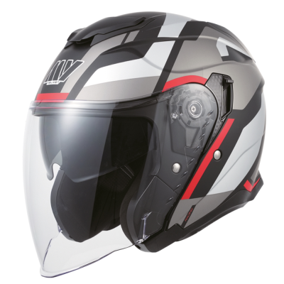 Capacete de moto aberto cinza com detalhes pretos, brancos e vermelhos e viseira transparente