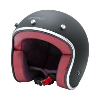 Capacete de moto preto com interior vermelho, acabamento cromado e texto SPRINT
