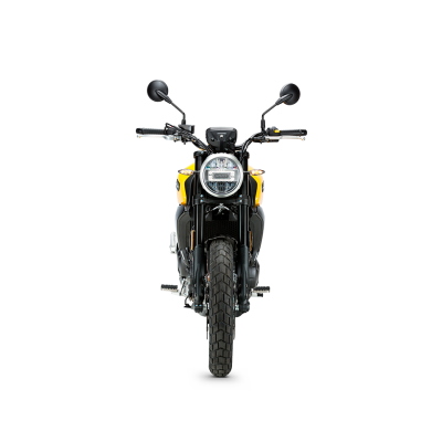 Motocicleta amarela e preta vista de frente com farol redondo e espelhos