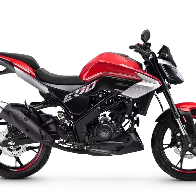 motocicleta vermelha e preta com detalhes em cinza e adesivos SVHT 16