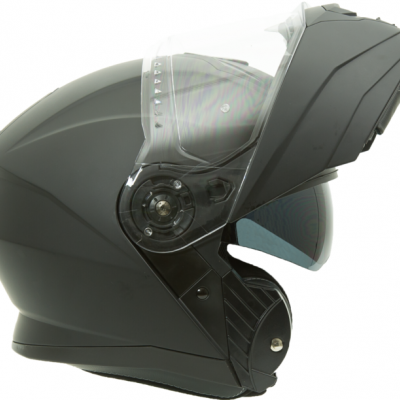 Capacete de motociclista modular preto com viseira transparente e solar azul