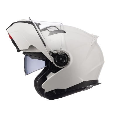Capacete modular branco com viseira transparente e viseira solar interna azul escuro