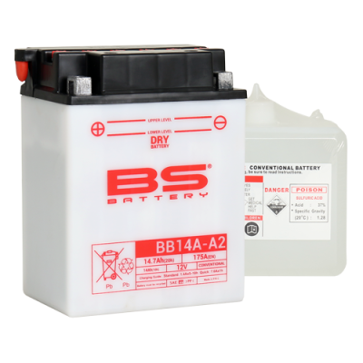Bateria BS Battery BB14A-A2 branca com tampa preta e embalagem de ácido sulfúrico