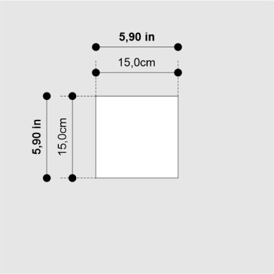 White square with dimensions 15.0 cm and 5.90 in marked on grey background