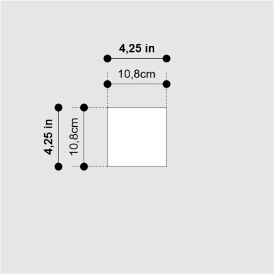 White square with measurement labels 4.25 in and 10.8 cm on light gray background
