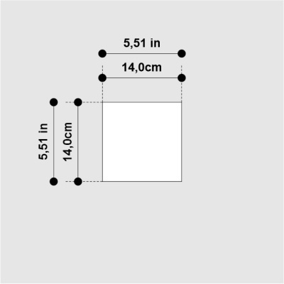 White square with dimensions 5.51 in and 14.0 cm on light grey background
