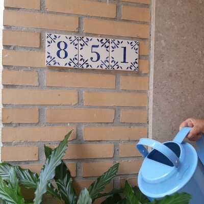Placas de azulejo com números 8, 5 e 1 numa parede de tijolos com uma regadeira azul claro e plantas verdes