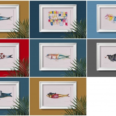 Oito quadros brancos com ilustrações coloridas de peixes vestidos, fundo colorido
