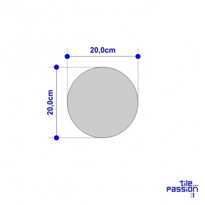 Desenho de círculo cinzento com 20 cm de diâmetro e linhas de medição azuis