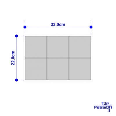 azulejos cinza claros retangulares dispostos em duas filas de três, com medidas 33x22cm e logo 'tile passion'