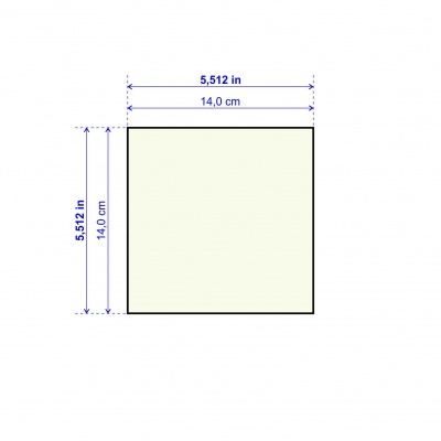 Quadrado branco com contorno preto e medidas indicadas de 14 cm e 5,512 polegadas