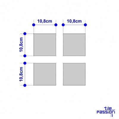 Quatro azulejos quadrados cinza de 10,8 cm lado com medidas e logo 'tile passion'