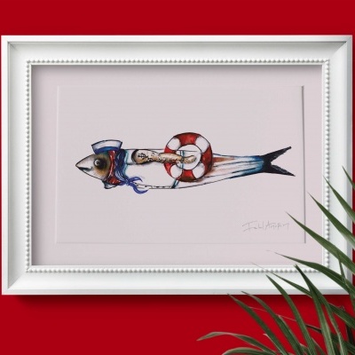 Quadro com peixe marinheiro e anel salva-vidas em moldura branca