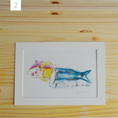 Quadro com ilustração colorida de peixe e texto 'Filetes de Sardinha'