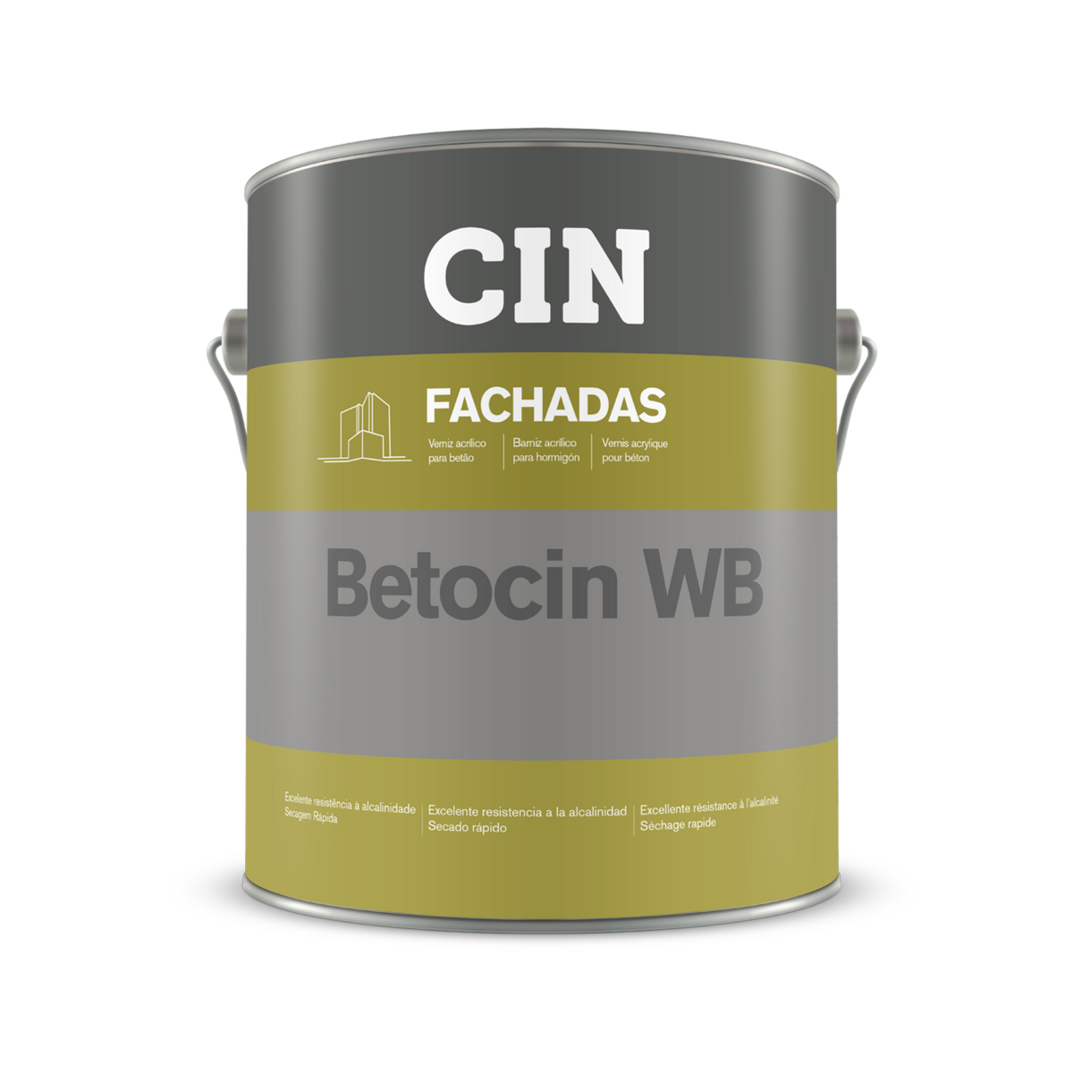 Lata de tinta CIN Betocin WB para fachadas cinza e verde