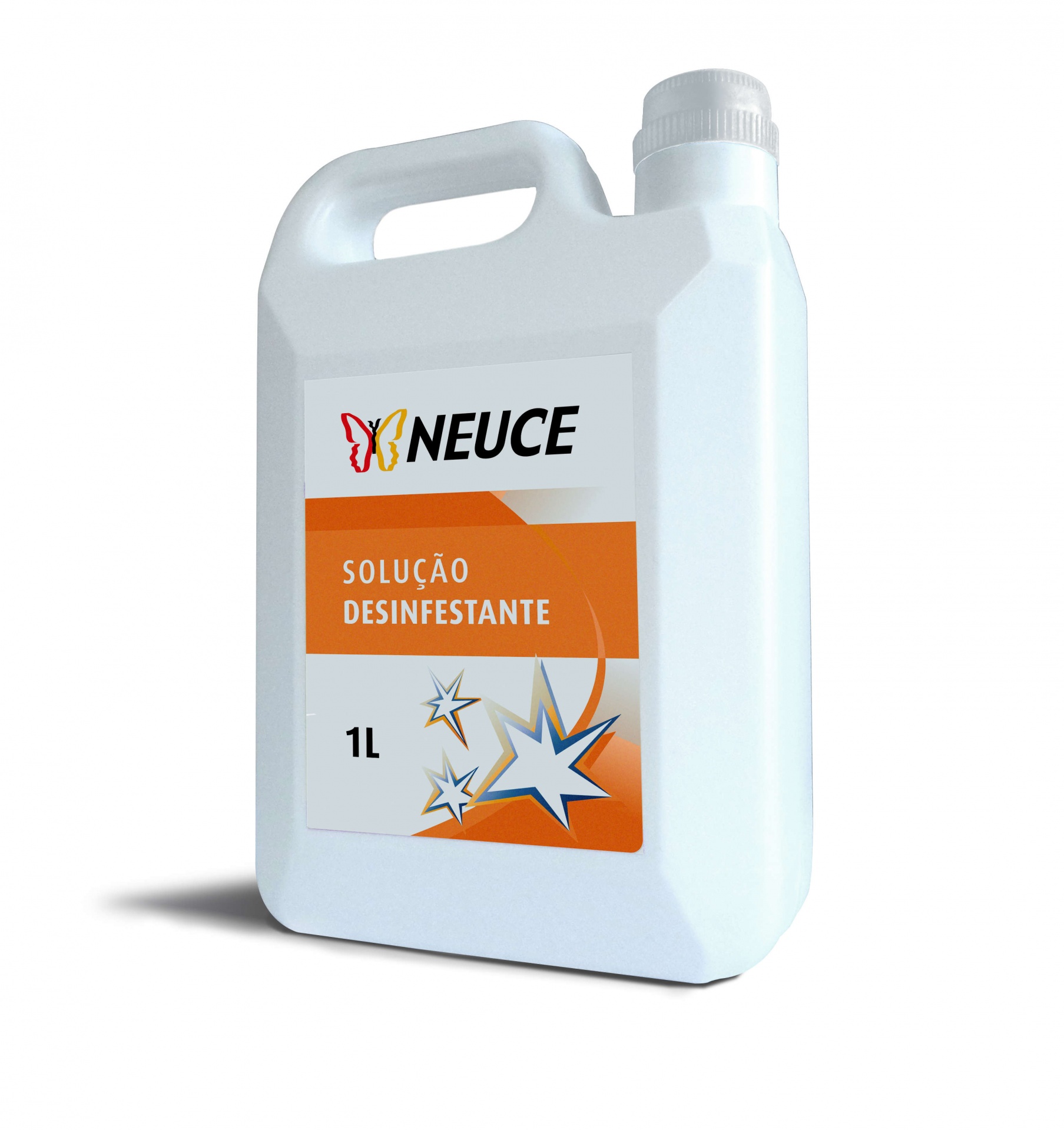 Frasco branco de solução desinfetante de 1 litro com rótulo laranja e estrelas