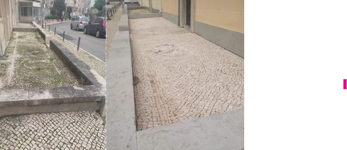 Passeio com calçada portuguesa em tons claros e muros baixos de pedra