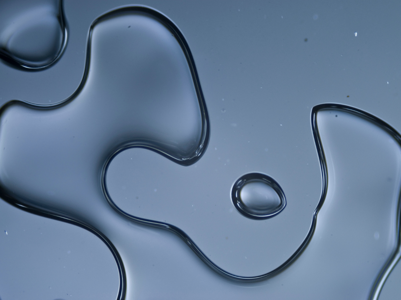 Gotas de líquido transparente em superfície lisa azulada