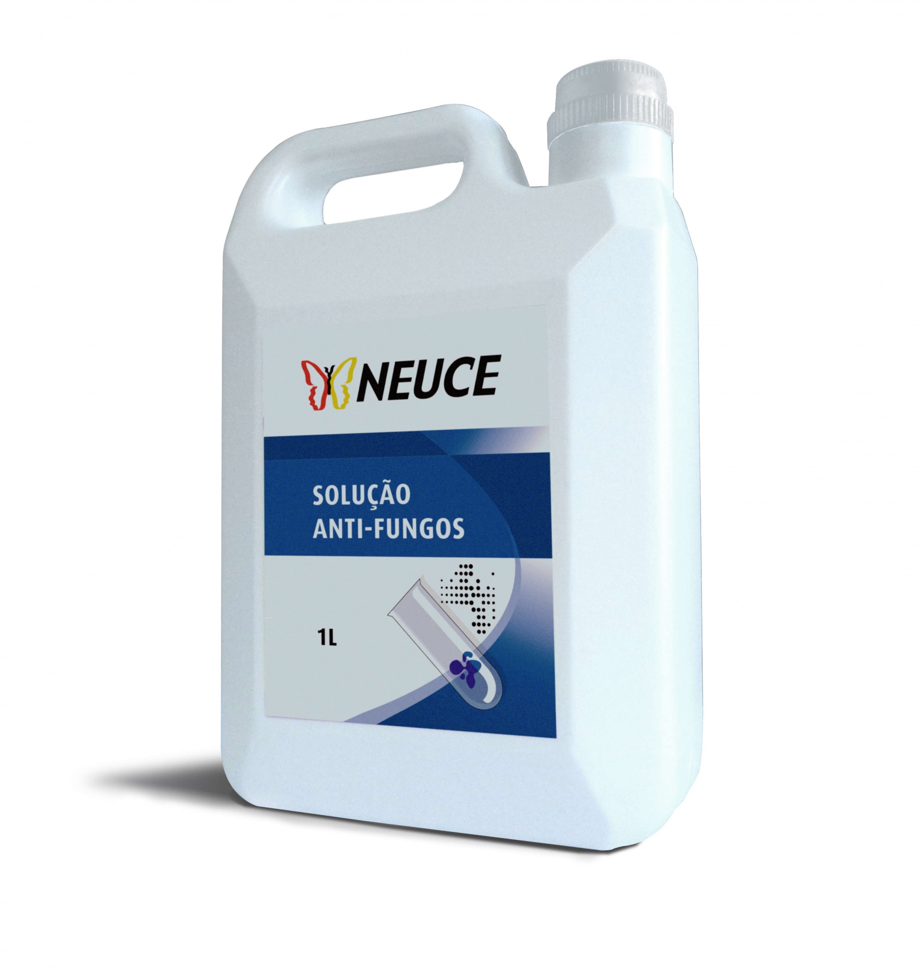 Recipiente plástico branco de 1 litro com rótulo azul NEUCE solução anti-fungos